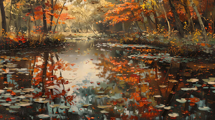 Serene Lake with Autumn Foliage Reflection – Digital Oil Painting of Tranquil Nature