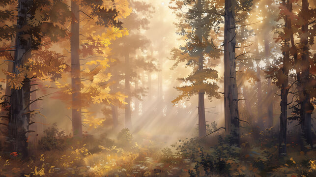 Digital Oil Painting of Sunlit Forest Path in Autumn – Mystical Light Through Trees