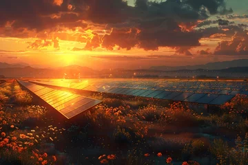 Deurstickers Stunning Sunset Over a Cutting Edge Solar Farm Harnessing Renewable Energy in a Serene Eco Friendly Landscape © LookChin AI