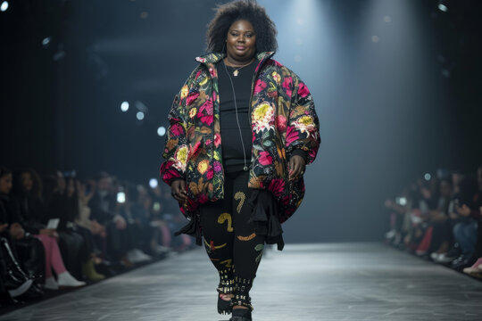 A plus-size model confidently walking the runway, highlighting inclusivity in fashion