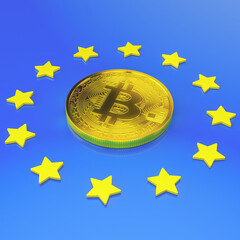3d rendering of a golden physical Bitcoin on a blue background with yellow stars - symbolizes the flag of Europe. - Digital currency - Cryptocurrency - Abstract background. - 776871661
