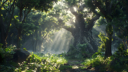 A scene of a vast, ancient forest, where the trees communicate through light and sound. - obrazy, fototapety, plakaty