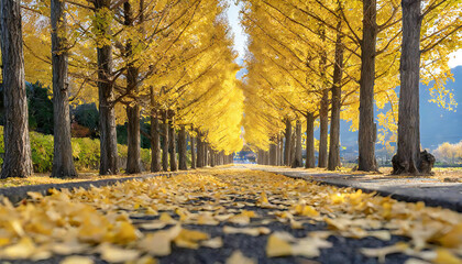 Ginkgo biloba. A road lined with beautiful ginkgo trees.