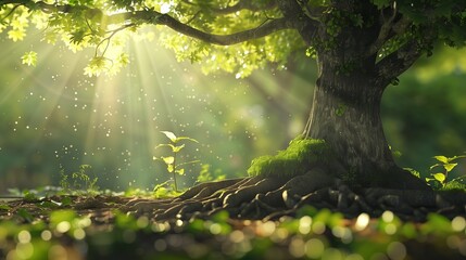 Mentorship concept image depicting a mature, robust tree with expansive branches providing protection to a delicate young sprout, symbolizing guidance and growth, with the sun casting a soft glow.