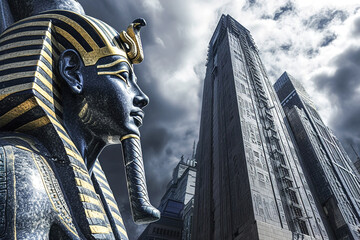 Egyptian pharaoh gazes at a skyscraper skyline, narrative of a time-traveler encountering the...