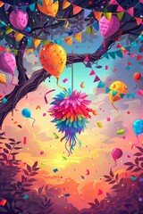 A festive scene with balloons, streamers, and a pinata hanging from a tree branch