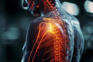 A figure highlighting the shoulder area with signs of pain and inflammation , 3d illustrate, science color mood and tone - obrazy, fototapety, plakaty