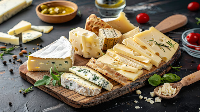 Cheese plate with neatly cut slices of delicious and varied cheese