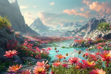 A futuristic valley where the ground and flora are made of dimethicone and cyclopentasiloxane, representing a smooth and agedefying skin surface , clean background, 3D illustrate, octane render