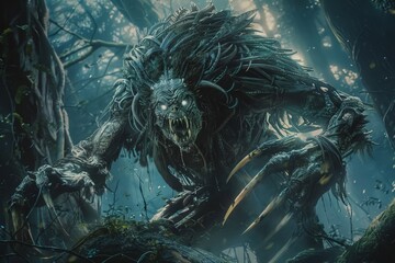 A humanoid monster with multiple arms and sharp claws marches confidently through a dark and mysterious forest - obrazy, fototapety, plakaty