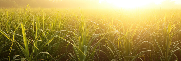 A scenic cane sugar plantation bathed in sunlight, featuring rows of lush sugarcane fields. - obrazy, fototapety, plakaty