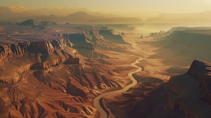 An awe-inspiring view of a canyon stretching out as far as the eye can see, with rugged cliffs and winding rivers carving through the landscape. - obrazy, fototapety, plakaty
