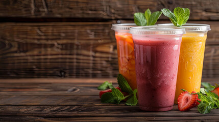 A delicious fruit and berry smoothie showcased against a rustic wooden background