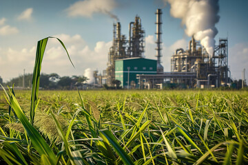 Sugarcane on foreground, bustling beet sugar refinery with towering industrial structures, billowing steam.
