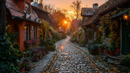Fototapeta premium Old Town Street at Dawn, Historical Ambiance Style, Tranquil Morning Concept, Ideal for Travel Brochures, Historical Fiction Covers, Tourism Websites