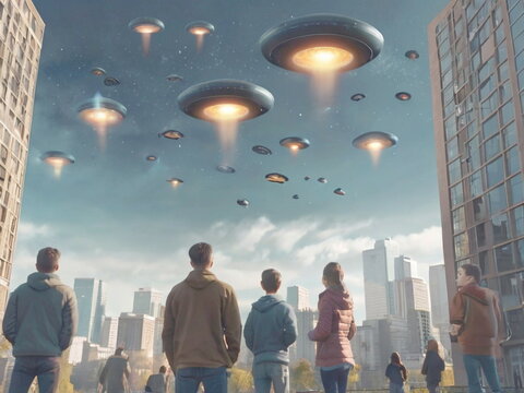UFO大量出現を目撃する市民　Generative AI

