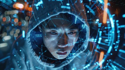 An Asian hacker in a hoodie executing sophisticated cyber attacks on a virtual network, showcasing the complexities and risks associated with modern cybersecurity threats.