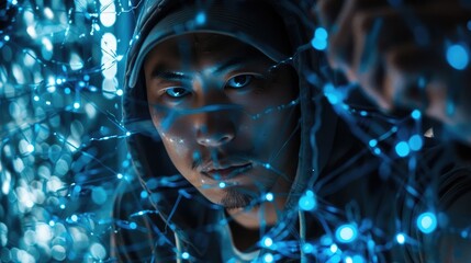 An Asian hacker in a hoodie executing sophisticated cyber attacks on a virtual network, showcasing the complexities and risks associated with modern cybersecurity threats. - obrazy, fototapety, plakaty