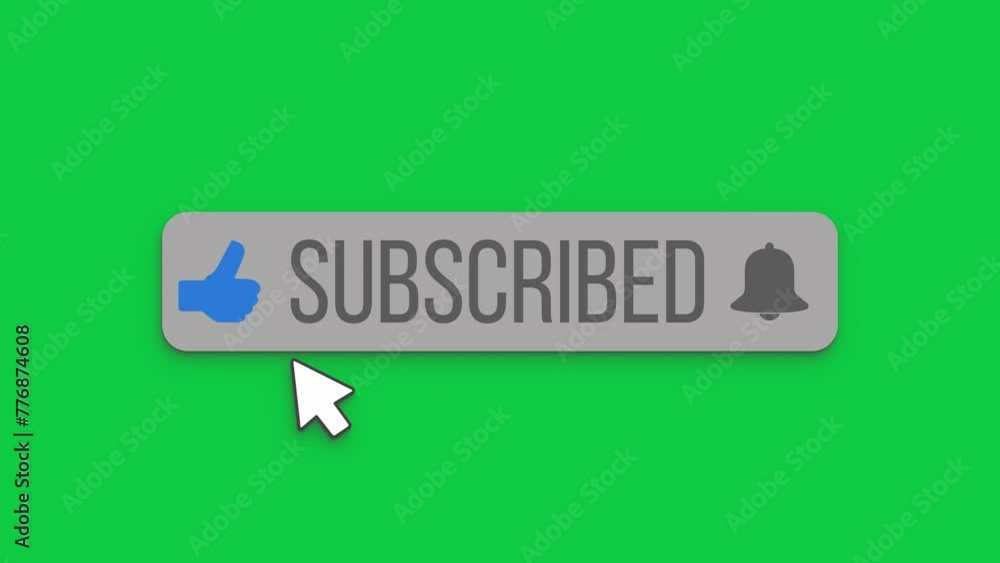 Poster video animation of an animated, floating subscribe button with a bell button on a green background. 