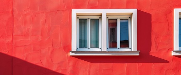 A small town house exterior featuring PVC windows set against a vibrant red wall facade. 