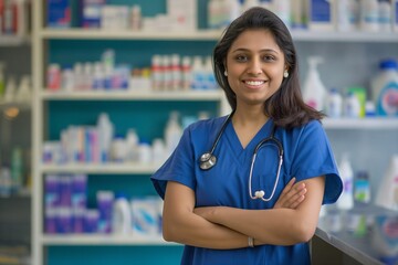 Attractive young Indian nurse wearing blue scrubs, smiling and standing in front of medical equipment on shelves behind her with colors and stationery in a bright light office space.
