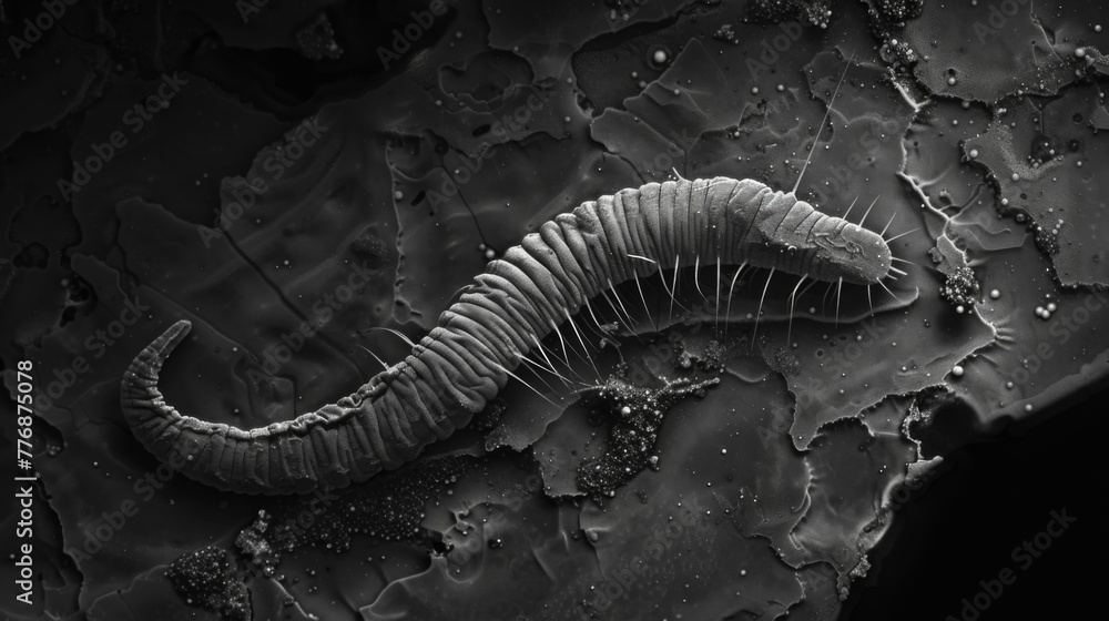 Poster in this high contrast image a nematode is viewed from above as it crawls across a textured surface. 