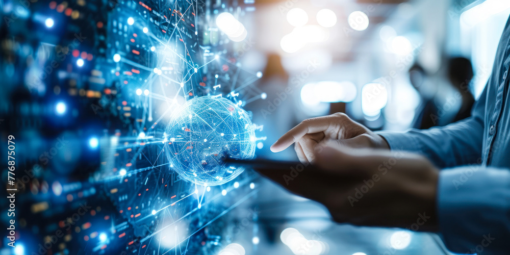 Poster Business professional analyzing global networks and data connections with a dynamic interface on a digital tablet in a modern corporate environment