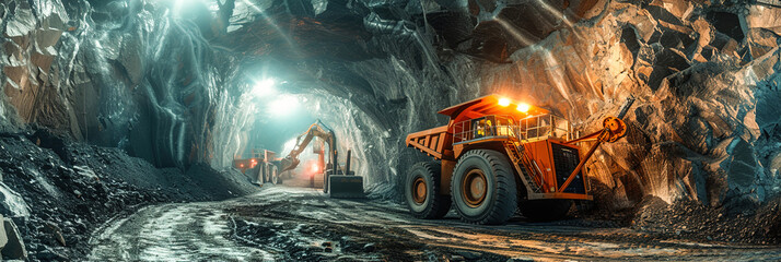 Robotics AI drilling deep for ore and transportation by trucks in the technologically advanced underground mine. - obrazy, fototapety, plakaty