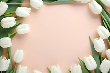 White Tulips Frame on Pink Background, Minimalist Design Style, Spring Freshness Concept, Ideal for Greeting Cards, Wedding Invitations, Beauty Product Advertising, Copy Space