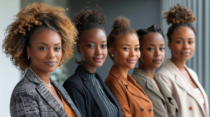 Obraz premium A group of black women in business attire stand in a line, smiling for the camera.