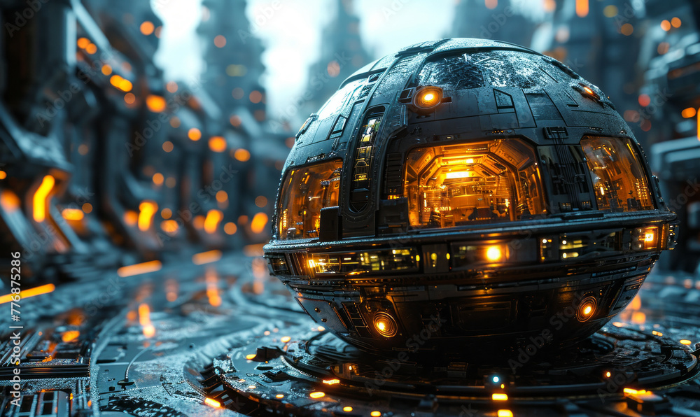 Poster futuristic spherical device with intricate patterns glowing on a dark, high-tech background
