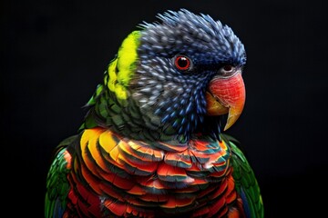 Portrait von einem bunten Papagei vor schwarzem Hintergrund 