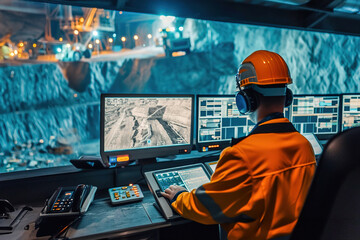 Digital control center in mine overseeing real-time data for optimized operations of mining technology. - obrazy, fototapety, plakaty