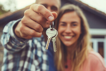 A happy young couple proudly holding keys to their new home, standing outside the property