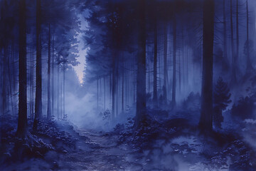 絵本の挿絵のような鬱蒼とした薄暗く深い不気味な森の中 - obrazy, fototapety, plakaty