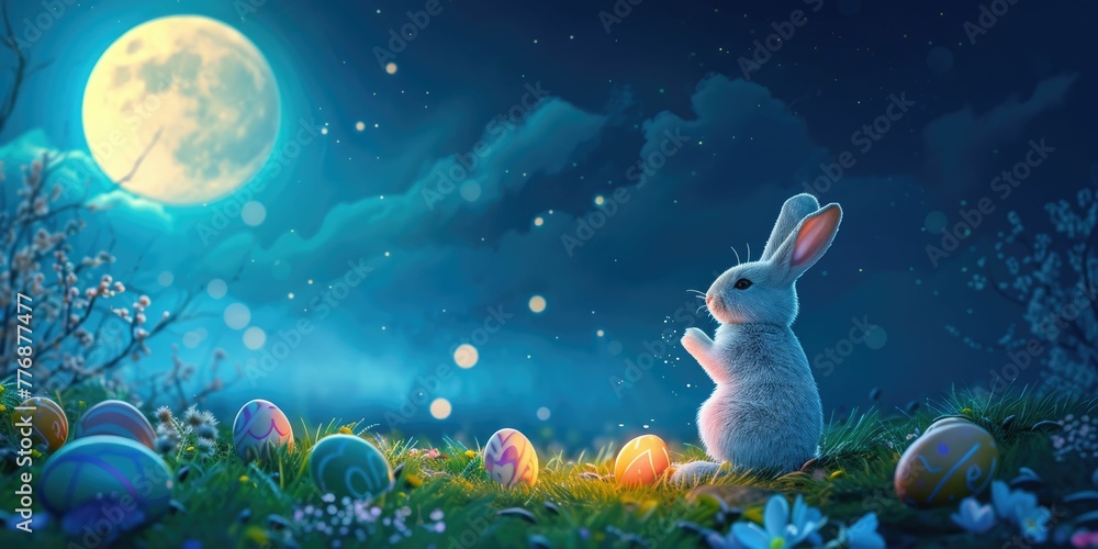 Wall mural A Mountain Cottontail rabbit is resting in the grass with Easter eggs in front of a full moon AIG42E - Wall murals
