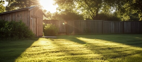 Wooden shed standing in a backyard surrounded by a fence with lush green grass - obrazy, fototapety, plakaty