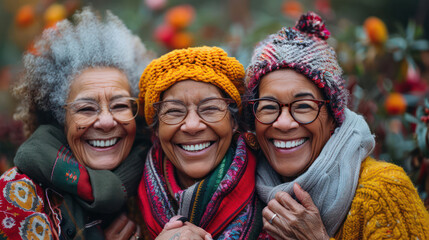 Three women wearing hats and scarves are smiling and hugging each other Celebrating Women's Innovation - obrazy, fototapety, plakaty