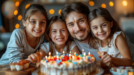 A man and three children are posing for a picture in front of a birthday cake