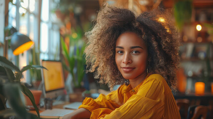 A woman with curly hair is sitting at a desk with a computer