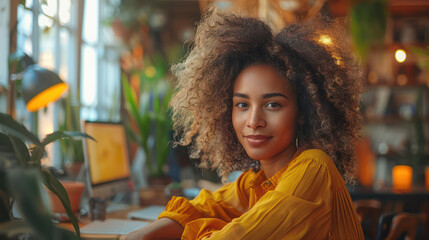 Obraz premium A woman with curly hair is sitting at a desk with a computer
