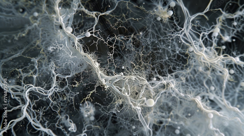 Poster a topdown view of a colony of fungal hyphae resembling a web of white threads spreading and expandin