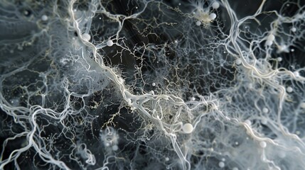 A topdown view of a colony of fungal hyphae resembling a web of white threads spreading and expanding across the surface of a culture