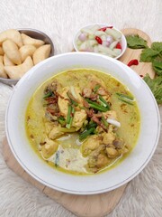 Gulai ayam or chicken curry served in a white bowl. A soupy dish made from chicken cooked with spices and coconut milk. Indonesian traditional cuisine.