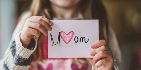 A young girl holds a card that says "Mom" with a heart drawn on it