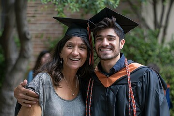 cheerful son in graduation cap while standing with mother