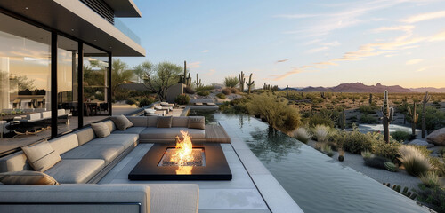 A sleek fire pit, luxurious seats, and expansive views of the surrounding desert terrain...