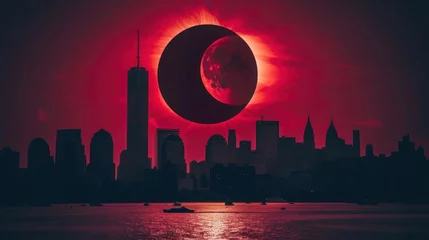 Poster Im Rahmen Futuristic landscape of solar eclipse over the city, Solar Eclipse 2024, April 8 © Anzhela