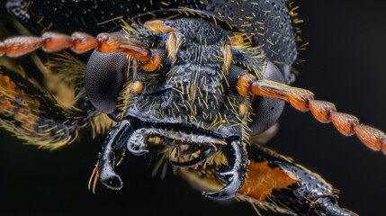 An upclose photo of a beetles mouthparts highlighting its sharp mandibles and long thin maxillae for grinding and consuming hard seeds - obrazy, fototapety, plakaty