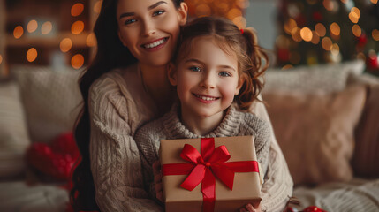 Fototapeta na wymiar A woman and a child are sitting on a couch, holding a brown box with a red ribbon. The woman is smiling at the camera, and the child is also smiling. The scene conveys a warm and joyful atmosphere